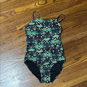 Old Navy Kids One Piece Swimsuit - Black with Green and Yellow Tropical Print